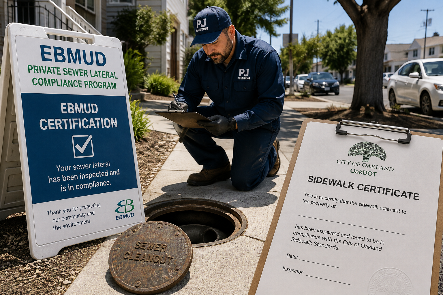 Plumber reviewing EBMUD certification and an Oakland sidewalk certificate