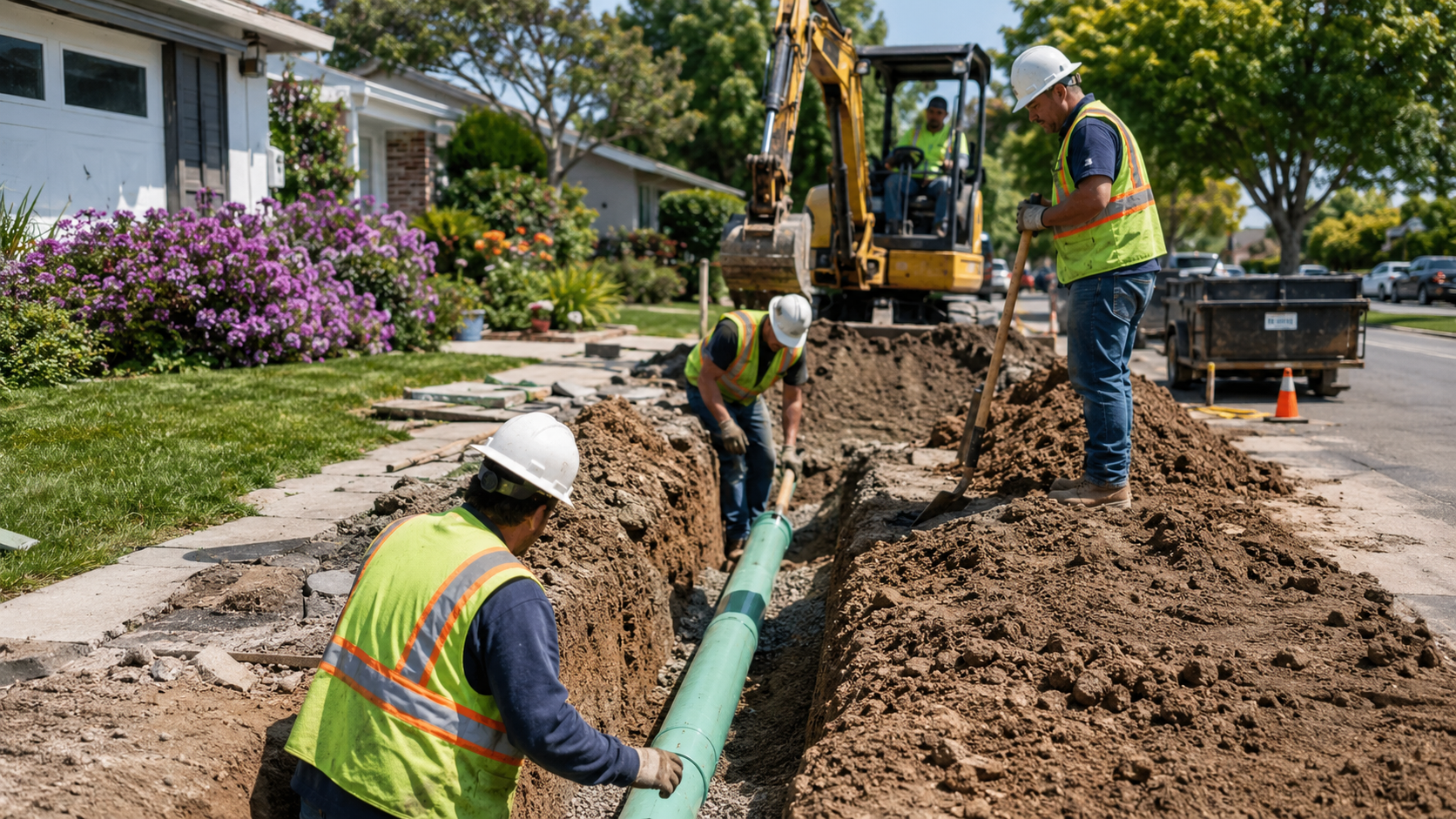 Technicians performing sewer replacement at a Bay Area property